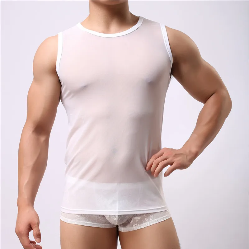 Sexy Mens Undershirts Mesh Transparent T-Shirt Singlets Fitness Sleeveless Tops Tee Sleepwear Underwear Camiseta Shirts