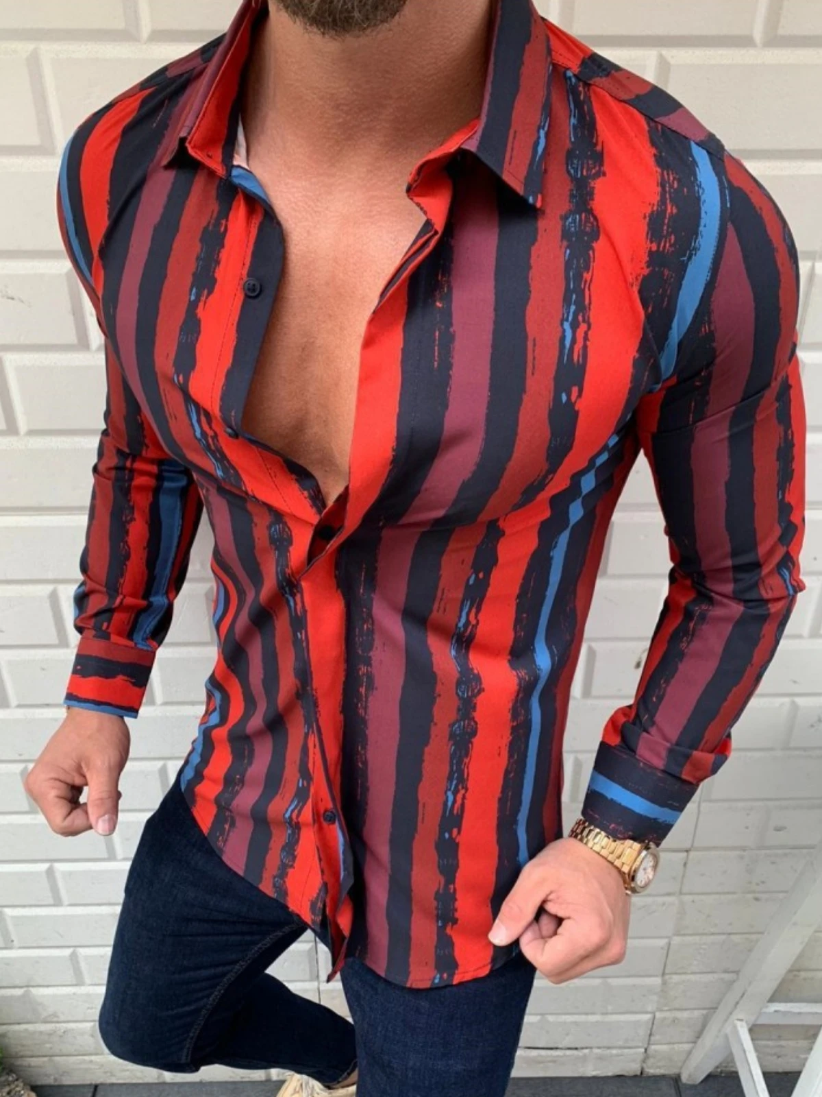 

Mens Streetwear Stripe Print Winter Shirts Long Sleeve Button Tops