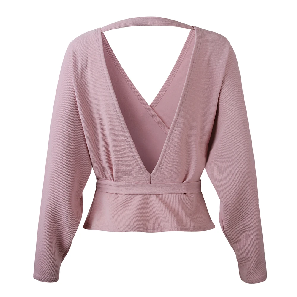 4 Colors Sexy V Neck Wrap Belts Women Office Sweaters Backless Casual Jumper Solid Color Long Sleeves Knitwear Female Pullovers | Женская