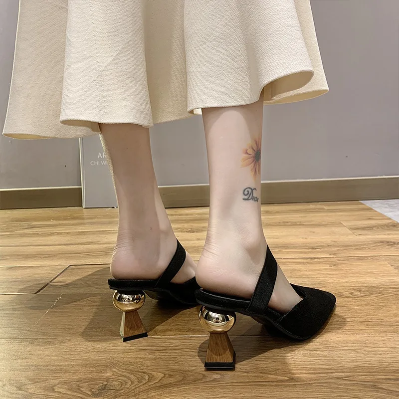 

Flock Shoes Woman's Slippers Luxury Slides Med Pointed Toe Female Mule Heeled Mules 2021 Designer Soft High Cover Spring Scandal
