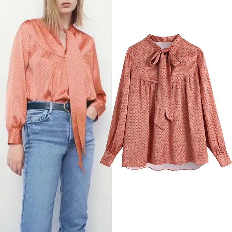 

Женский укороченный топ на пуговицах, с воротником-бантом и длинным рукавом