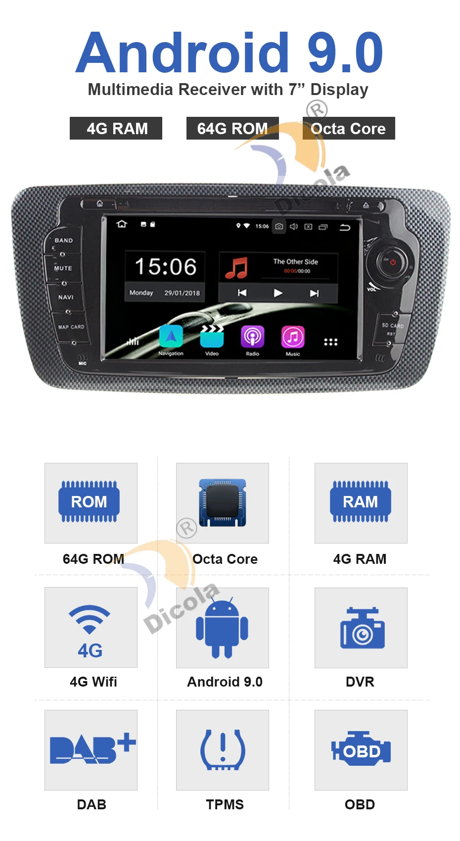 " 4+ 64G ips Android 9 радио gps wifi Автомобильный dvd-плеер для сиденья Ibiza MK4 6J SportCoupe Ecomotive Cupra 2009 2010 2011 2012 2013