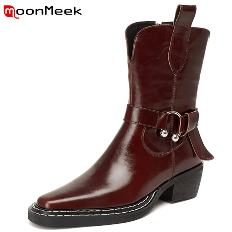 

MoonMeek 2022 Ankle Boots Belt Buckle Zipper Women Winter Boots Hot Sale Swing Platform Heels Pointed Toe Popular Comfortable