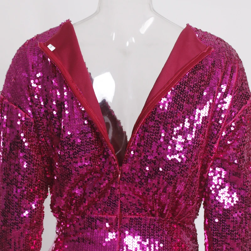 

Sequined Mini Dress Deep V Neck Draped Full Sleeved Short Night Club Party Dress