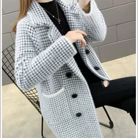 lmitation mink velvet mid length jacket 2021 winter new loose wild suit collar plaid knitted cardigan coat women m206