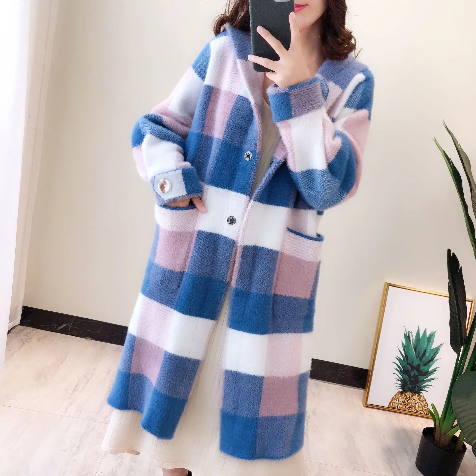 Осенне-зимние новые кашемировые пальто в клетку из норки вязаный свитер с