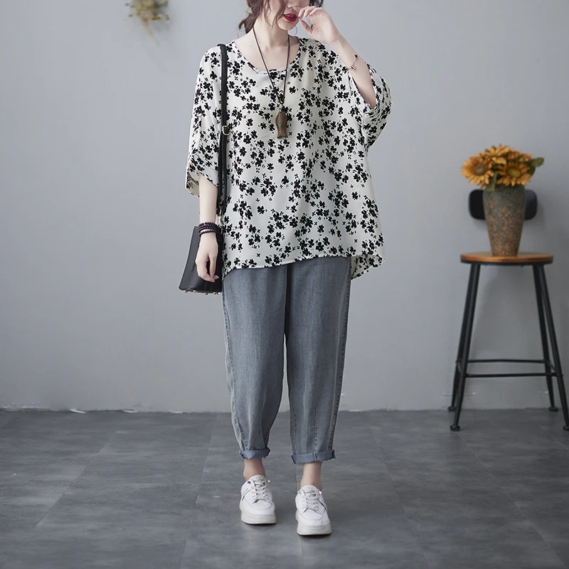 

BIG SIZE Summer Women Fashion Elegant Flower Print Tops Ladies Female Plus Large Short Sleeve Chiffon Loose Femme Blouse Shirt