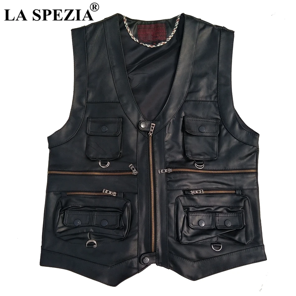 black vest Multi Pocket Vest Men Black Photography Vests Genuine Leather Motorcycle Biker Waistcoat Male Autumn Sleeveless Jacket For Men - Цвет: black vest