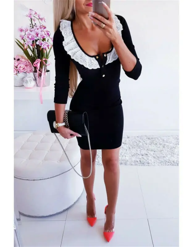 Женское облегающее кружевное платье карандаш с квадратным воротником длинным