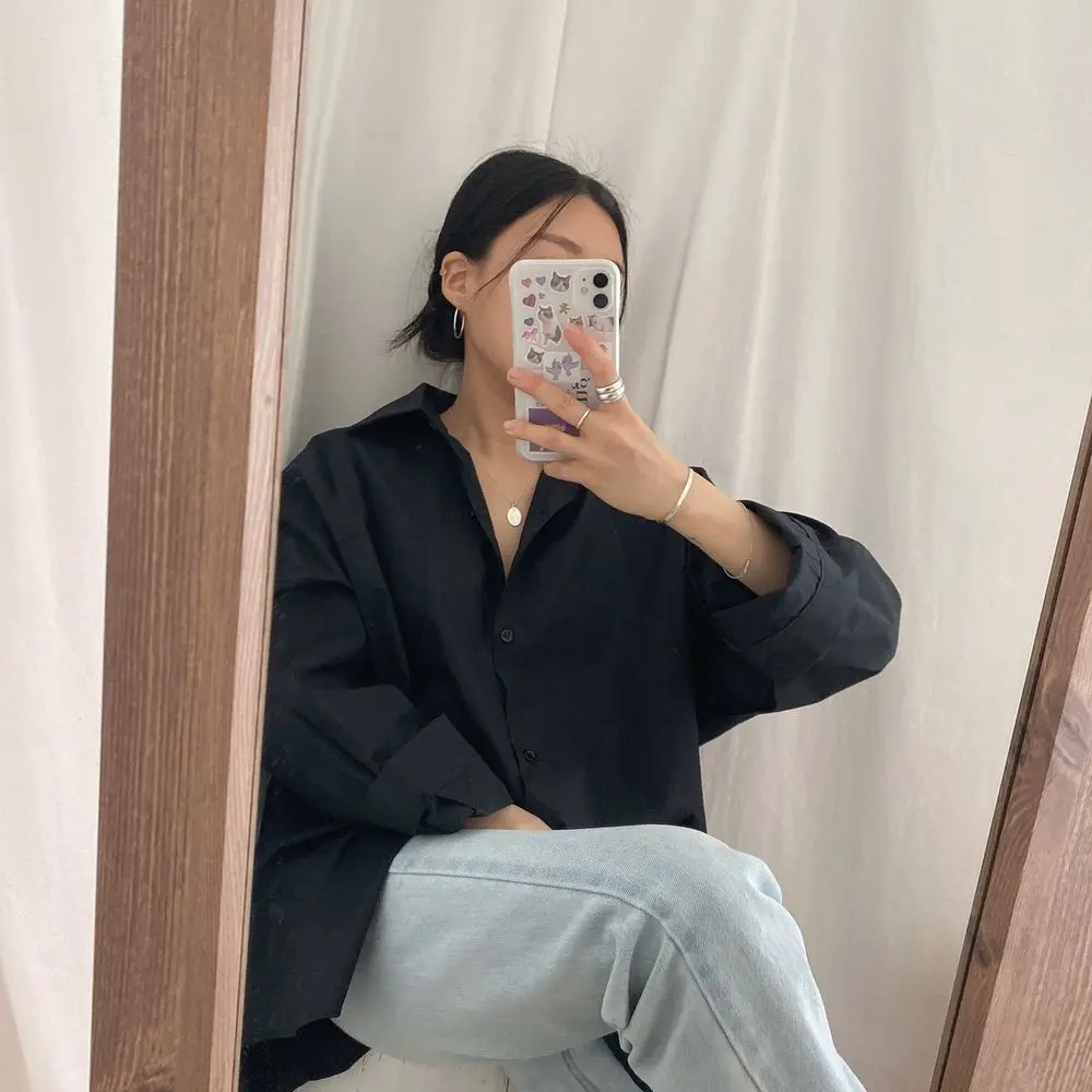 

Harajuku Lady Chic Loose Gentle Hot Minimalist Casual Korean Tops Solid Lapel Oversize All Match Stylish New Shirts