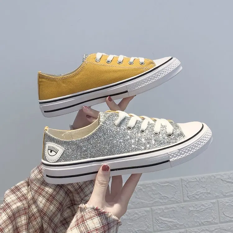 Женские Модные холщовые шнурки на шнуровке; Zapatillas; прогулочные женские туфли на плоской подошве; повседневные туфли с блестками; C125 - Цвет: yellow low shallow