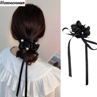 2021korean ribbon elastic head rope bow headband for female girl head temperament pearl hair scrunchies headwear hair accessorie