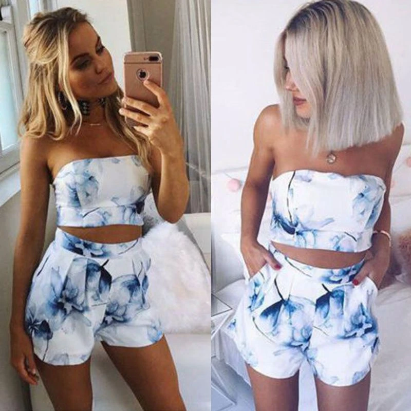 

2019 New Women Sexy 2 Pieces Set Floral Printed Mini Dress And Cropped Top Fashion Summer Casual Female Vest Shorts Set
