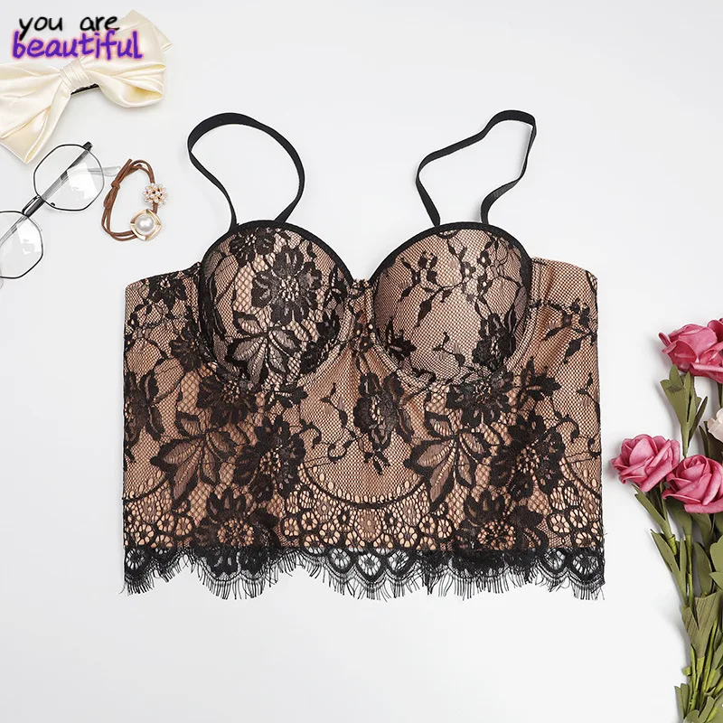 

Сексуальный кружевной Женский корсет с лямкой на шее Y2k, короткий топ, летний женский бюстгальтер, укороченный ночной клуб, одежда с пуш-ап д...