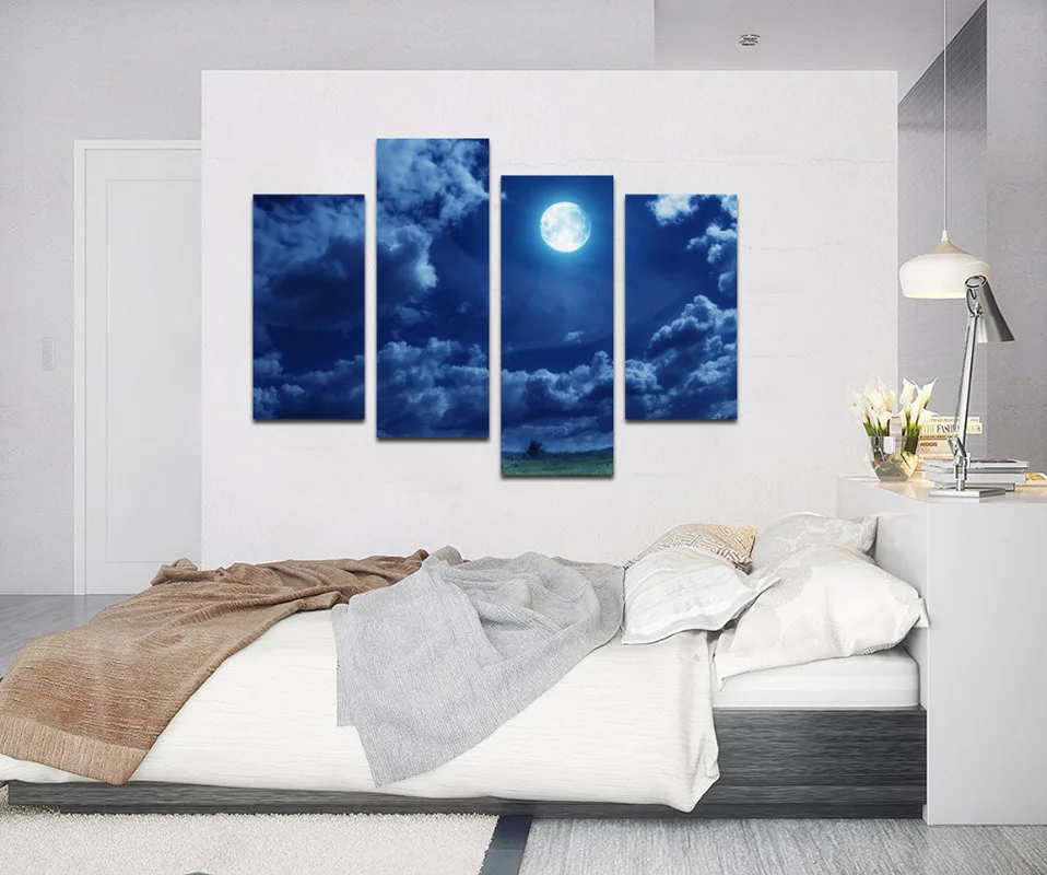 

4 Panels Canvas Wall Art Painting Full Moon In Blue Sky Print Home Decor Poster Modern Living Room Decoration Pictures