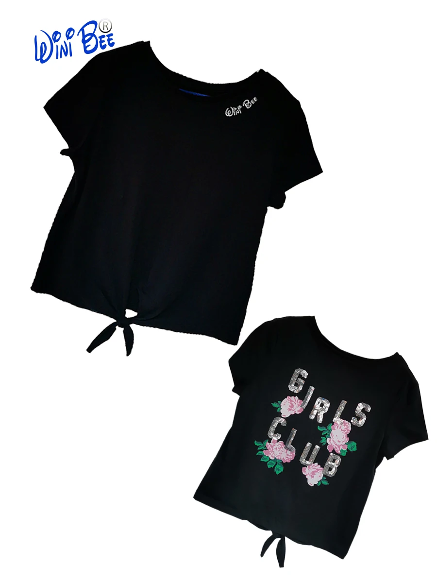 Футболки для девочек с коротким рукавом, принтом и блестками, модные черные топы для девочек, детские повседневные футболки, хлопковая одеж... от AliExpress WW