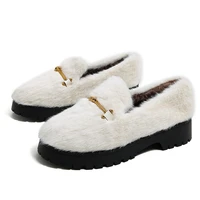 new winter shoes 2021 all match concise temperament lovely gold metal decoration platform soft furry loafers flats white brands