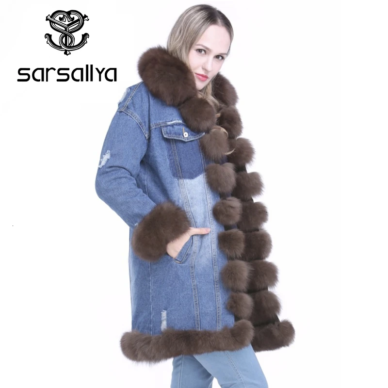 Sarsallya новые модные натуральным лисьим мехом джинсовая куртка женская Лиса Мех