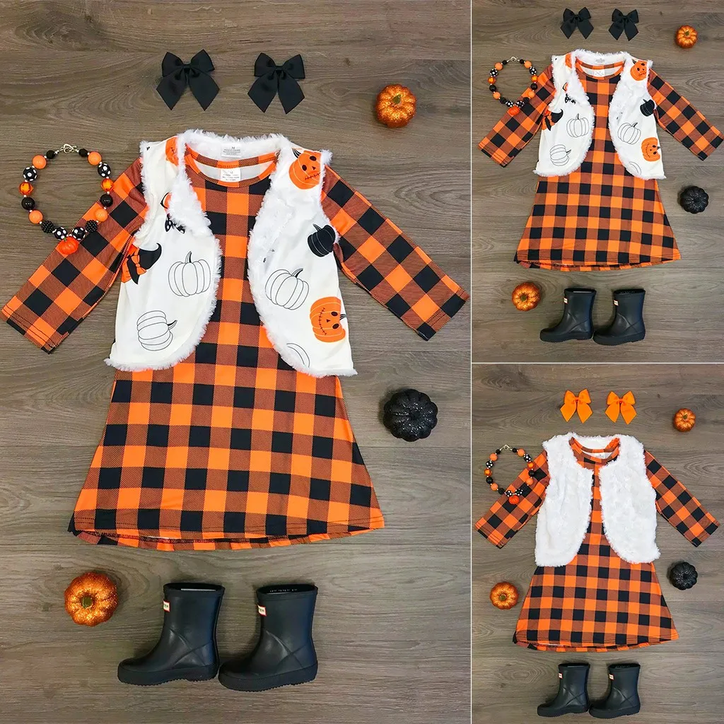 Детский комплект одежды на Хэллоуин платье с принтом в клетку для маленьких