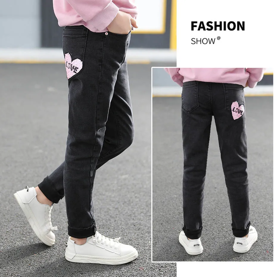 Джинсы с сердечками для девочек повседневные стильные детские джинсы 6 8 10 12 лет