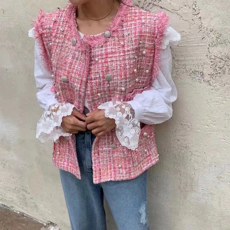 Возможно U женский твидовый розовый черный жилет без рукавов с круглым вырезом