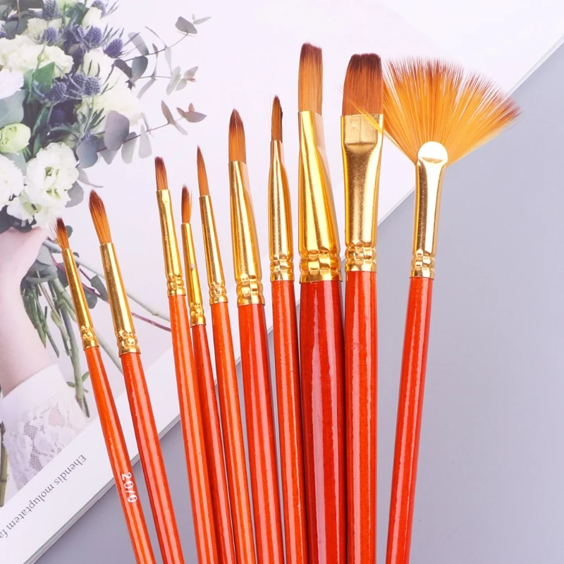 

10Pcs Nylon Hair Watercolor Gouache Round Pointed Tip Artists Paint Brush Set