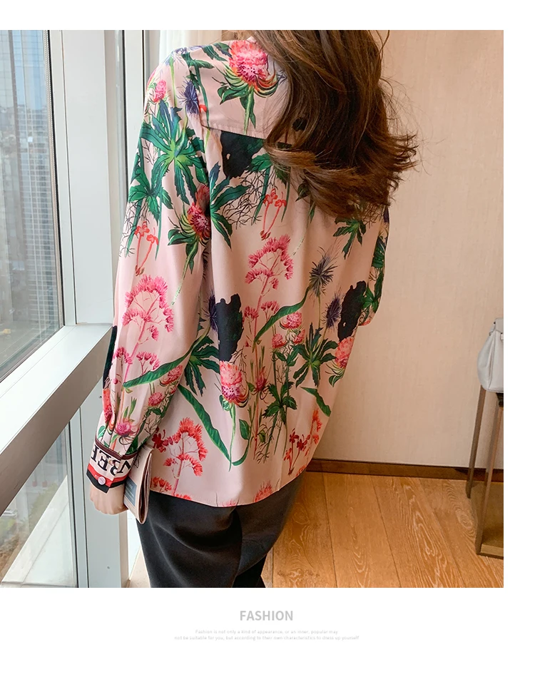 

Houthion New Chiffon Women's Blouses Fashion Shirt Long Sleeve Top Summer Breasted Button Office Lady Loose Printed Blouse
