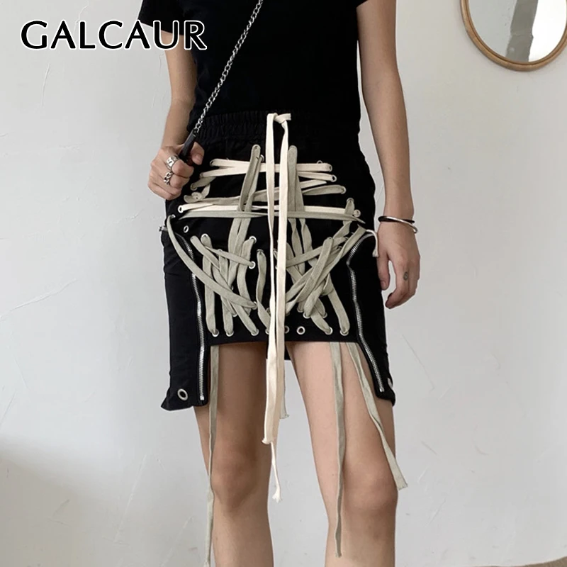 

GALCAUR хит Цвет юбки для женщин с высокой талией на шнуровке Drawstring повязки с бантом и асимметричным подолом мини-юбки женские 2021 одежда