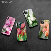 huagetop tulips flower spring bling cute phone case tempered glass for iphone 11 pro xr xs max 8 x 7 6s 6 plus se 2020 case