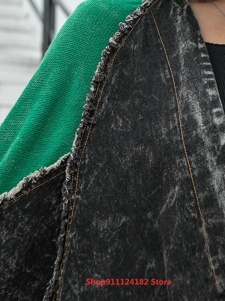 

Old Retro Style Knitted Stitching Denim Cardigan Women's Spring New New Loose Large Size V-Neck Western-Style Jacket
