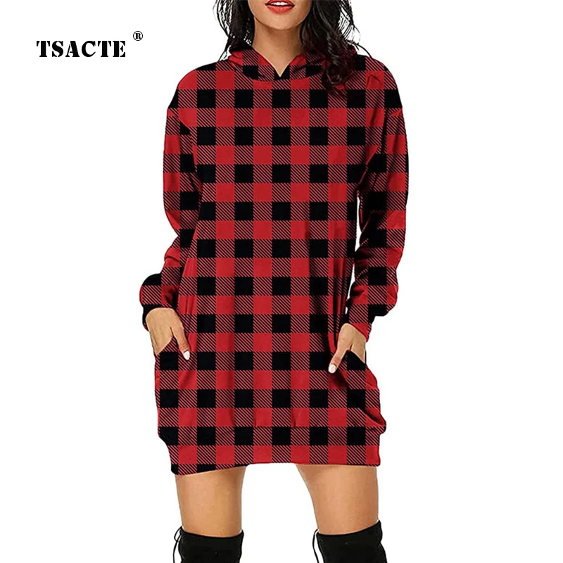 

Осеннее клетчатое платье средней длины с принтом, новое пикантное платье-свитшот с длинным рукавом и карманами, женская зимняя модная корот...