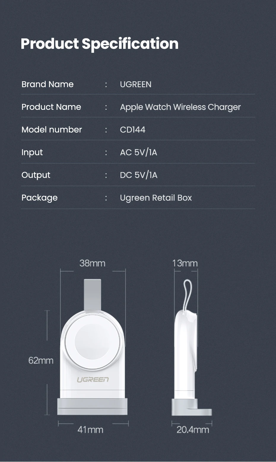 Ugreen Беспроводное зарядное устройство для Apple Watch зарядное устройство серии 5 4 3 2 1 портативное MFi USB зарядное устройство для Apple 3 Магнитная Беспроводная зарядка