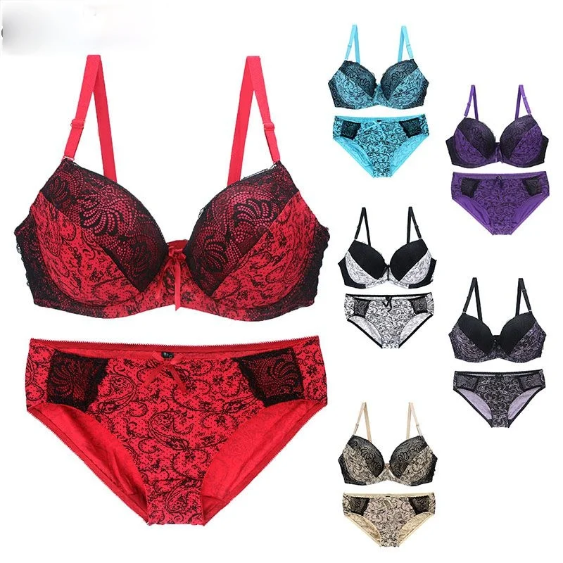 

New Sexy Lace Shoulder Strap Bras Set Ladies Underwear Push Up Large Size Lingerie Plus Two Cups Underwire BCDE Cup Bra Sets