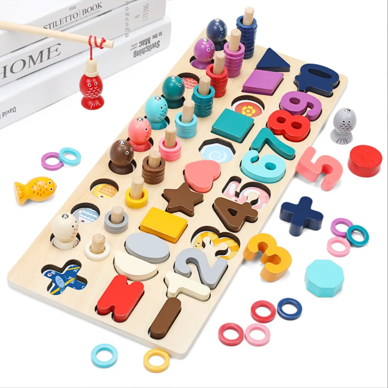 

Montessori Wooden Toy Preschool Educational Children Busy Board Math Magnetic Fishing Kid's Wooden Preschool Counting Geometry