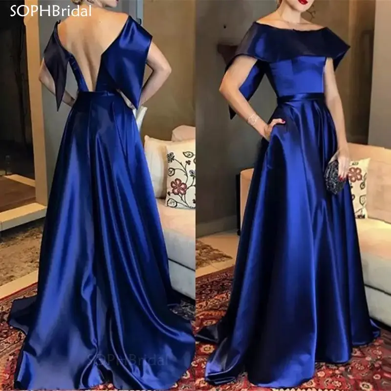 

Новое Вечернее платье с открытыми плечами, Элегантное Длинное атласное платье Королевского синего цвета для выпускного вечера