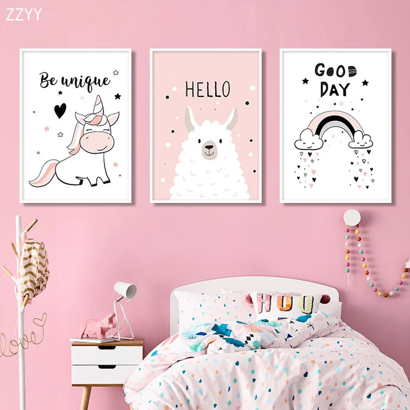 

Pink Theme Baby Bedroom Decorative Painting Cartoon Unicorn Rabbit Happy Smile Quotes Letters Canvas Poster Wall Art Home Decor