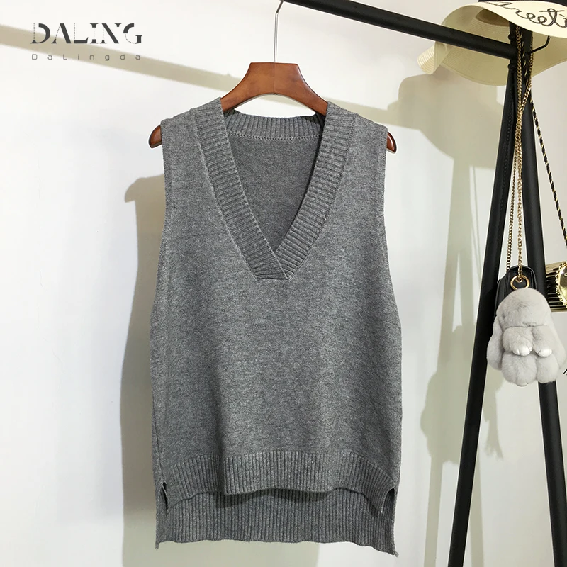 Женский свитер жилет с V образным вырезом свободный однотонный трикотажный без