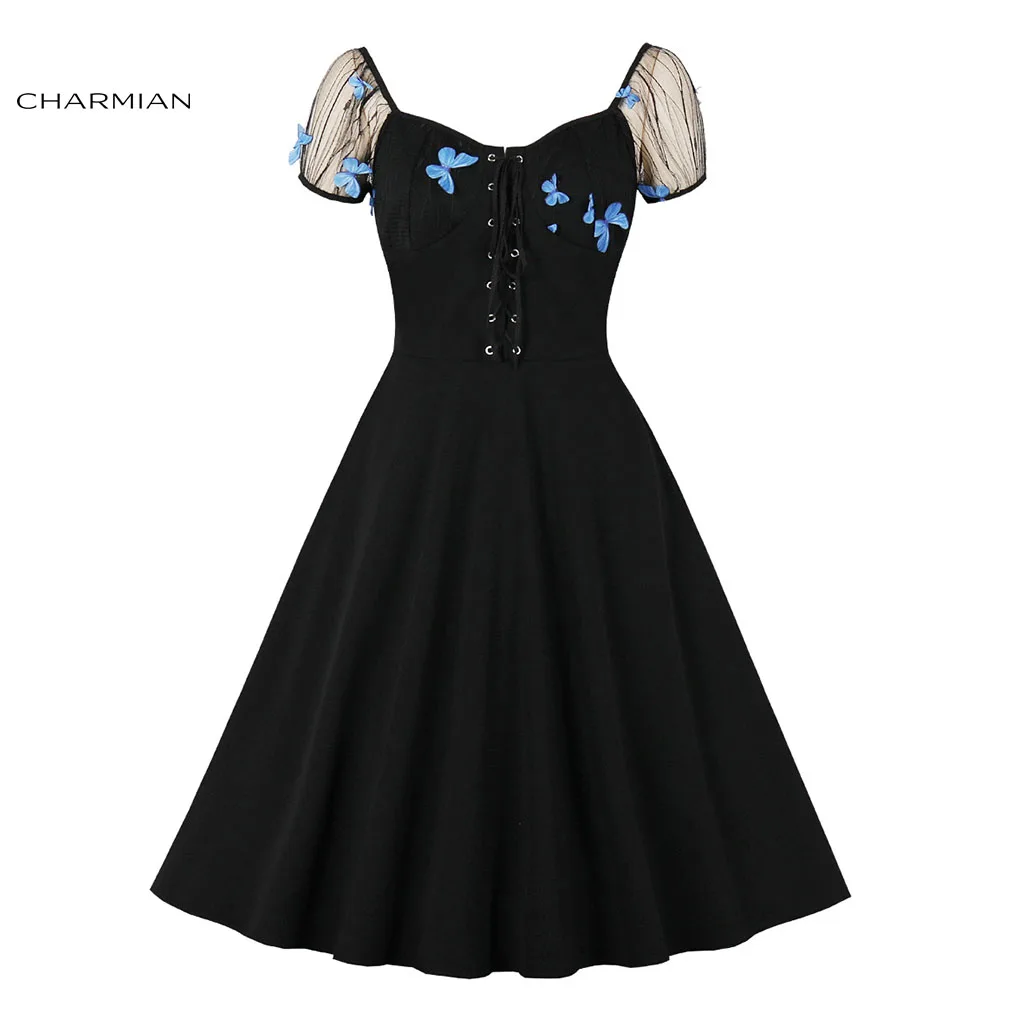 

Charmian Sexy Square Neckline 3D Butterfly Decoration Gothic Black Lacing Bodice Puff Sleeve High Waist Party Swing A-line Dress