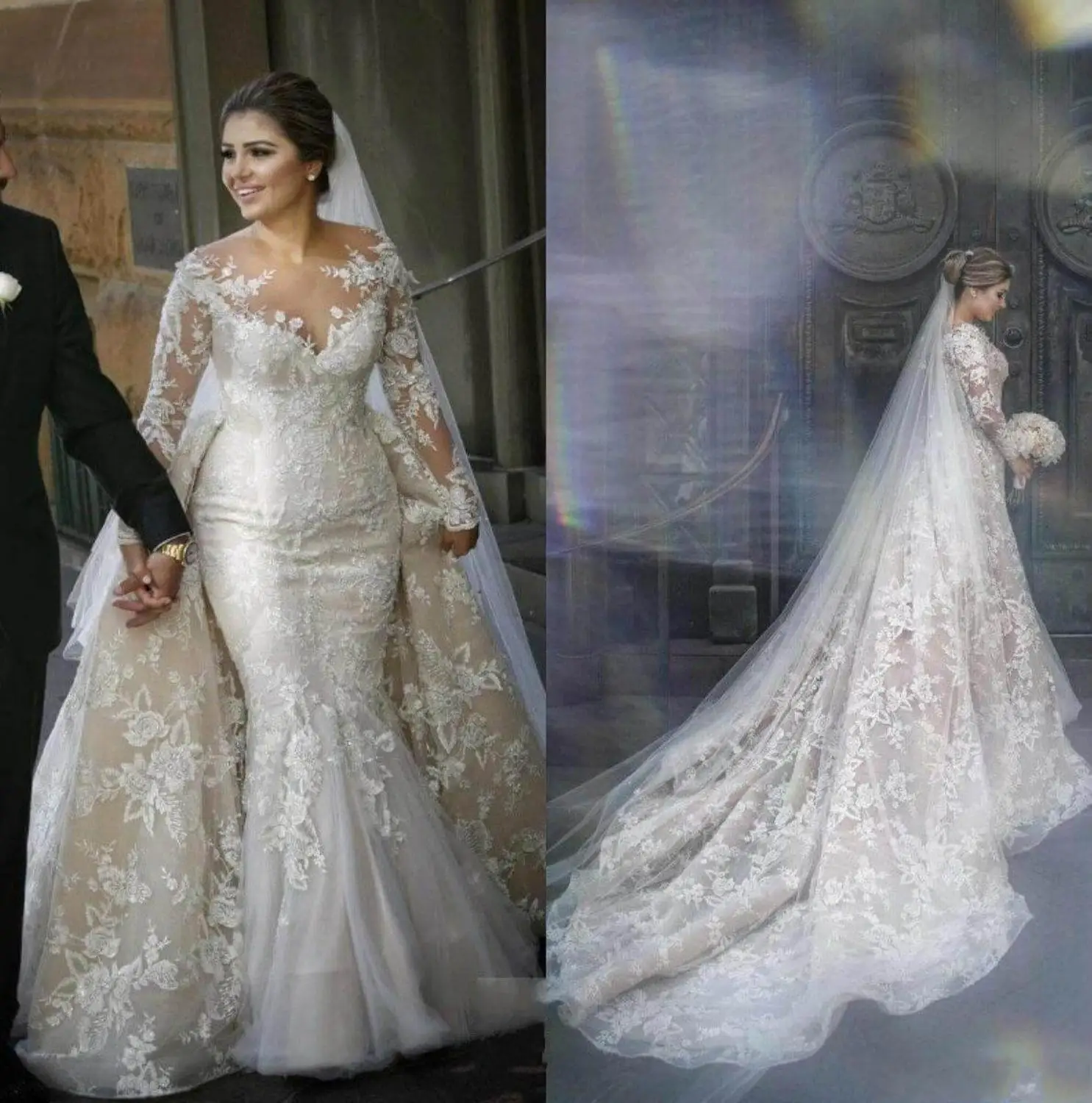 

Роскошное кружевное свадебное платье 2 в 1 Vestido De Noiva, иллюзионное свадебное платье с длинным рукавом и юбкой-годе, свадебное платье