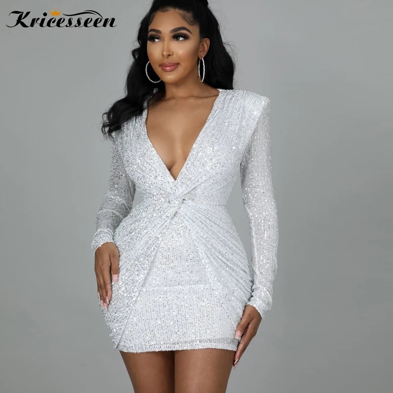 

Kricesseen Sexy White Sequined Ruched Skinny Bodycon Dress Women Long Sleeve V Neck Night Clubwear Mini Dress