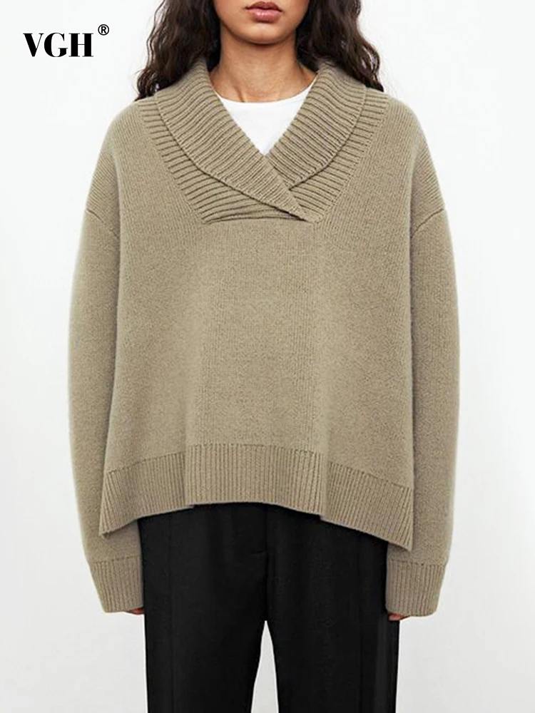 

Женский вязаный свитер VGH, повседневный свободный однотонный пуловер с V-образным вырезом и длинным рукавом, в минималистичном стиле, корейс...