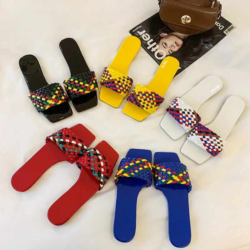 

Lucyever Mix Color Weave Slippers Women Summer Square Toe Med Heels Interior Slides Woman Comfort Soft Bottom Beach Flip Flop