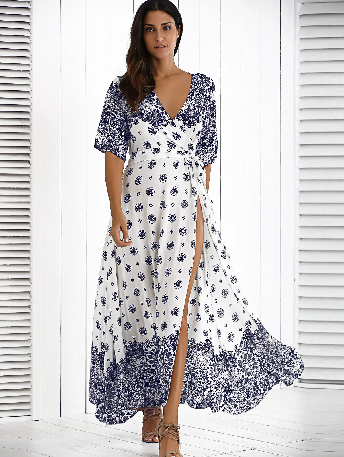 Boho Woman Dresses Sexy Deep V Neck Retro Vintage Floral Print Half Sleeve Tunic Belted Long Maxi Dress Female 2021 | Женская одежда