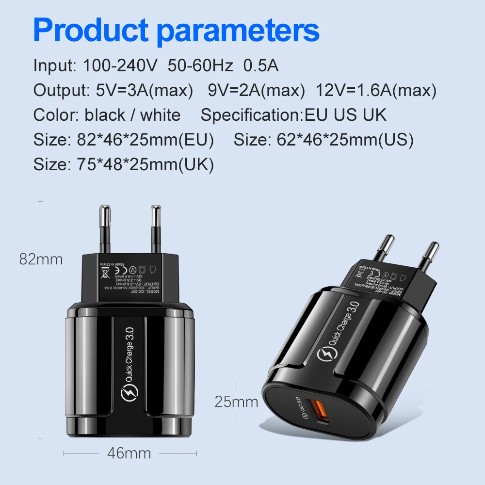 USB зарядное устройство 18 Вт Quick Charge 3 0 EU US 5V 3A быстрая зарядка адаптер мобильный