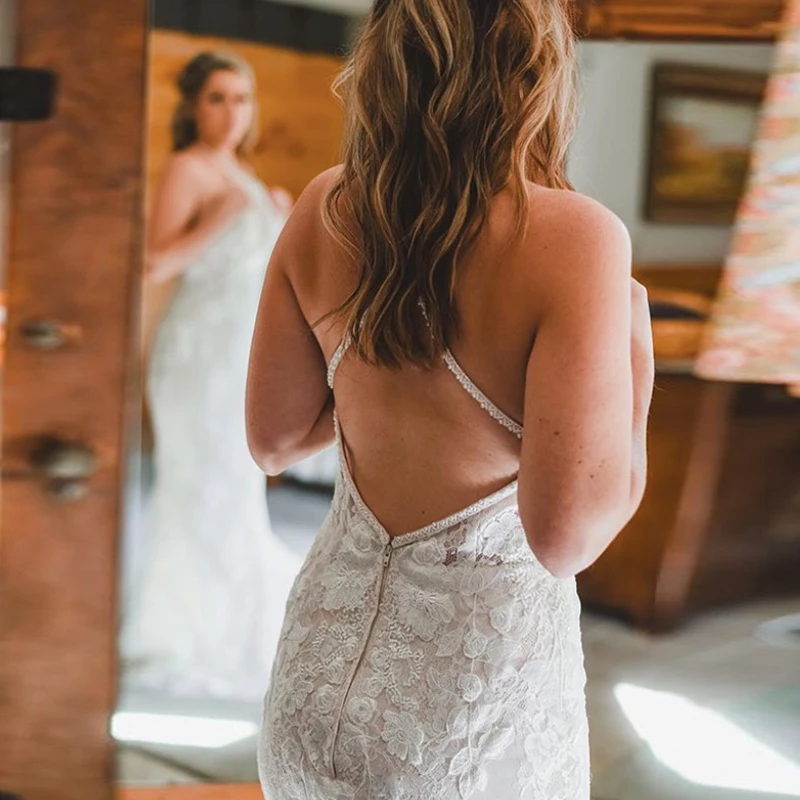 

Weilinsha Elegant Halter Lace Wedding Dresses 2020 Appliques Open Back Bridal Gowns With Zipper Back Plus Size Robe De Mariee