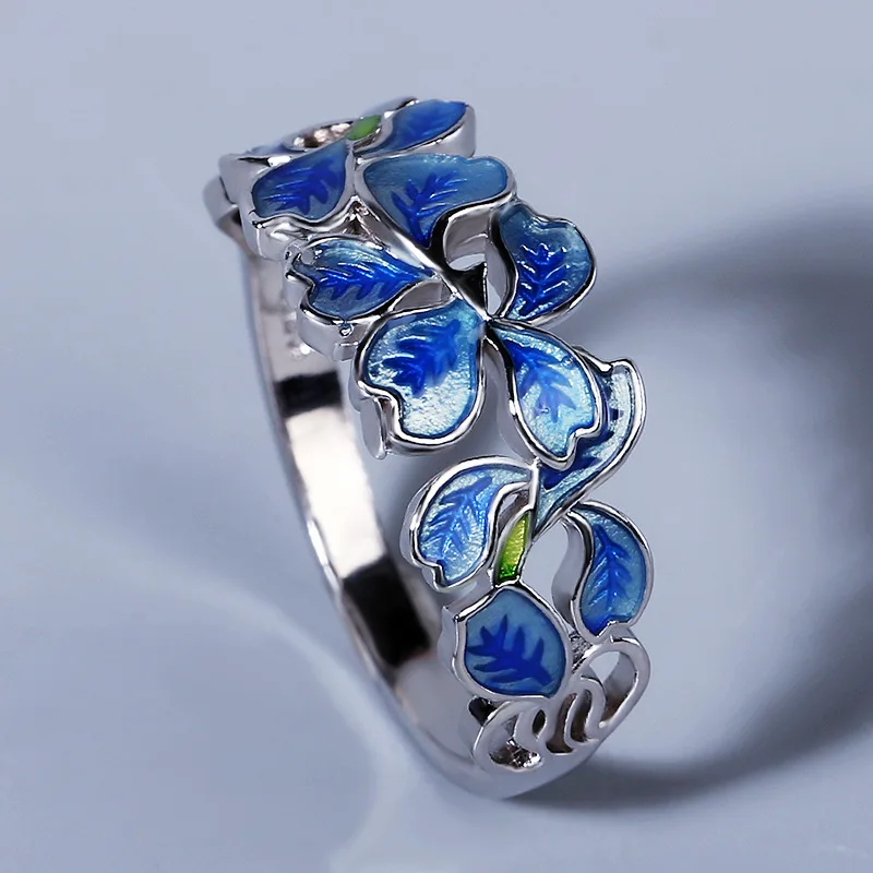 

Sterling Silver Lady Flower Ring 925 Silver Plated Elegant Blue Petal Ring White CZ Fashion Jewelry Handmade Enamel Jewelry