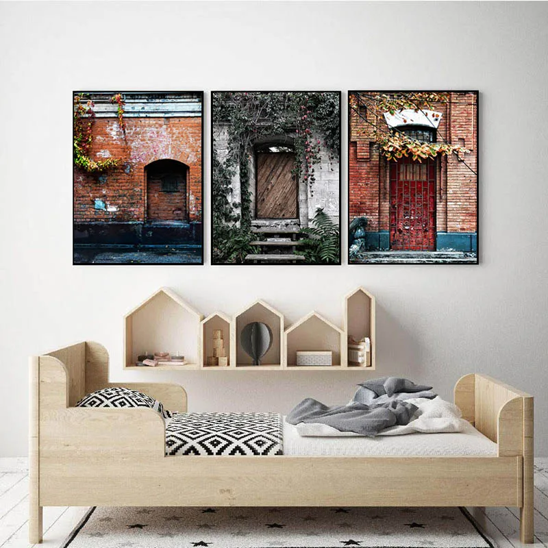 Картины со старой архитектурой и кирпичной дверью картины Декор гранж здание