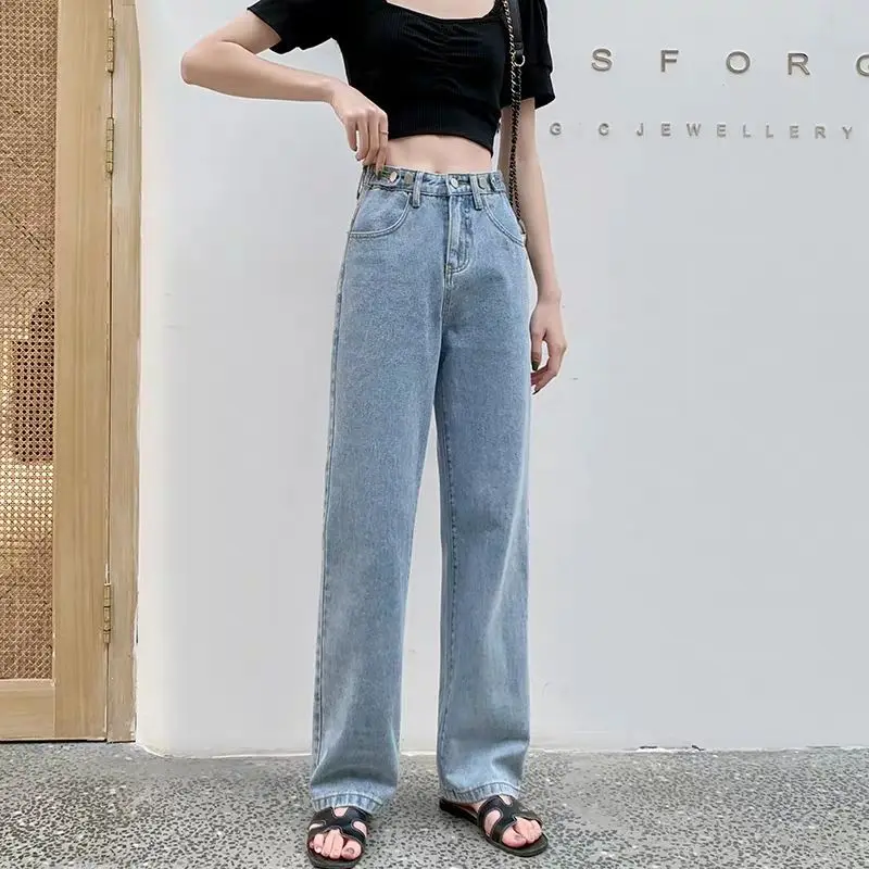 

2020 Jeans Women High Waist Denim Pants Vintage Tassel Waist Adjust Straight-leg jeans Black Blue Plus Size Boyfriend Jeans