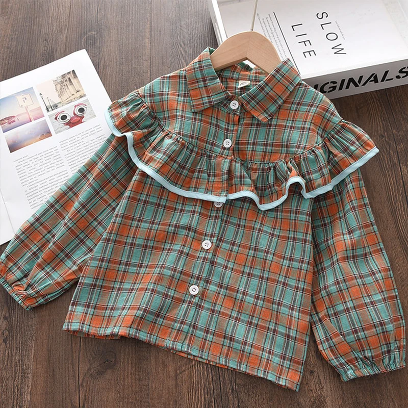 

Bear Leader/детские блузки для девочек Новинка 2022 года, клетчатый Топ, одежда весенне-Осенняя детская повседневная осенняя одежда принцессы с ра...