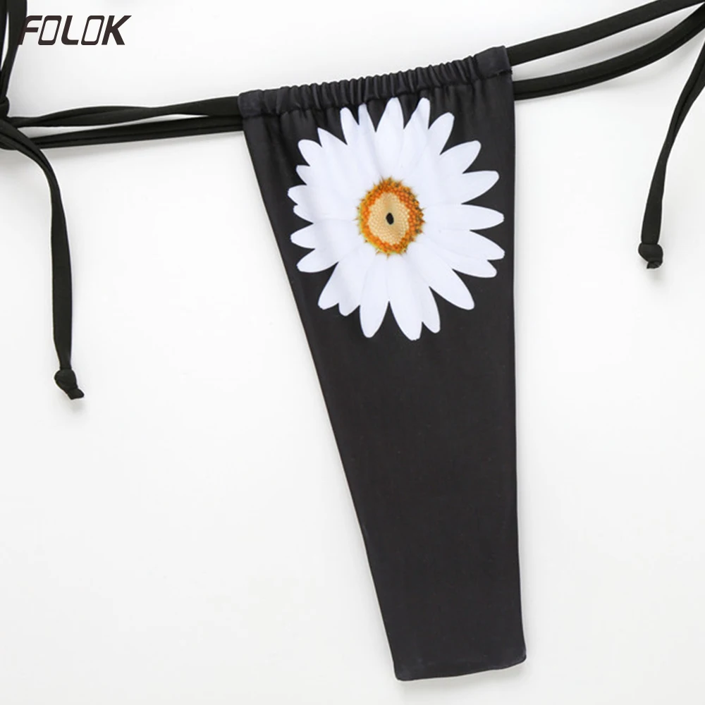 

Halter Tanga Bikini 2020 Women Swimsuit Bathing Suit Half-Cup Sexy Swimwear Daisy Print Swimming Suit Beachwear For Pool Party